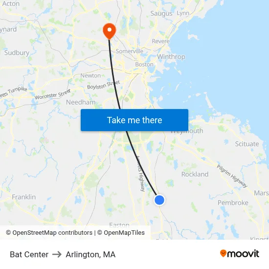 Bat Center to Arlington, MA map