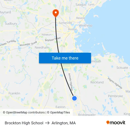 Brockton High School to Arlington, MA map