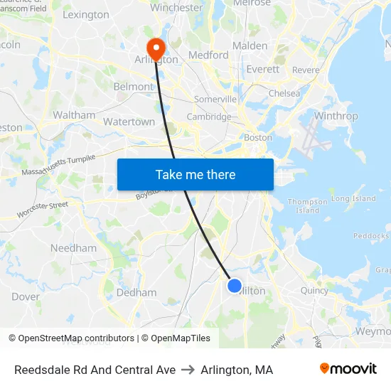 Reedsdale Rd And Central Ave to Arlington, MA map