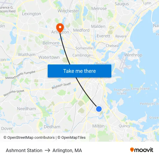 Ashmont Station to Arlington, MA map