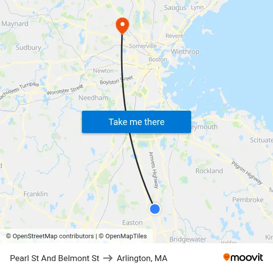 Pearl St And Belmont St to Arlington, MA map