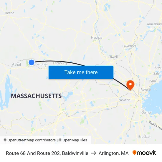 Route 68 And Route 202, Baldwinville to Arlington, MA map
