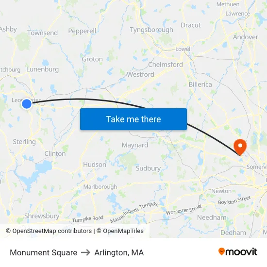 Monument Square to Arlington, MA map