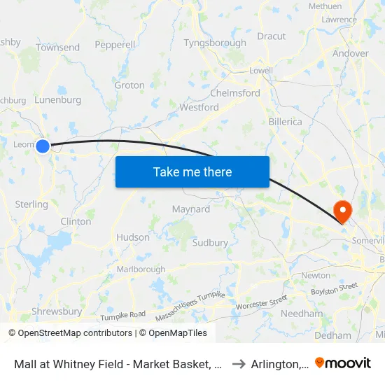 Mall at Whitney Field - Market Basket, Leominster to Arlington, MA map