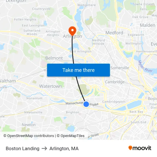 Boston Landing to Arlington, MA map
