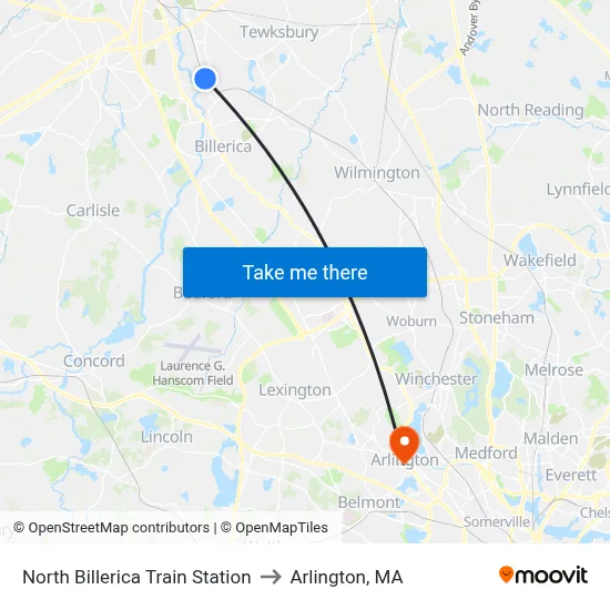 North Billerica Train Station to Arlington, MA map