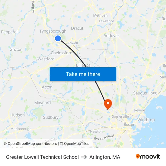 Greater Lowell Technical School to Arlington, MA map
