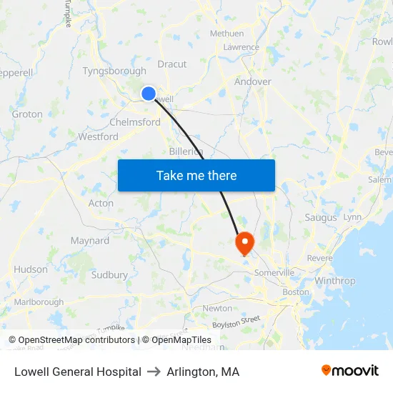 Lowell General Hospital to Arlington, MA map