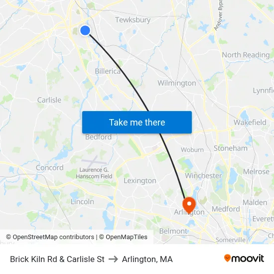 Brick Kiln Rd & Carlisle St to Arlington, MA map