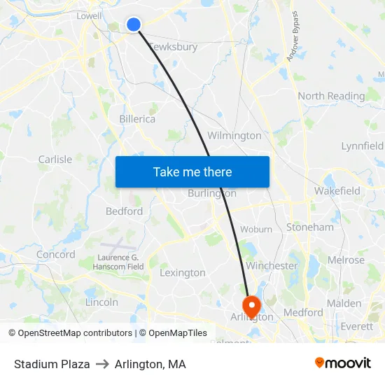 Stadium Plaza to Arlington, MA map