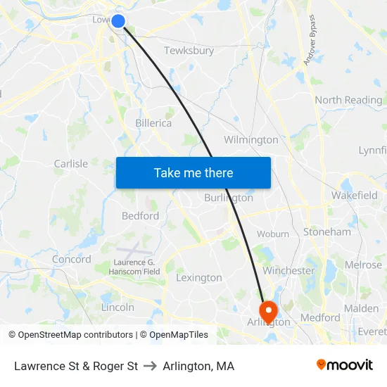 Lawrence St & Roger St to Arlington, MA map