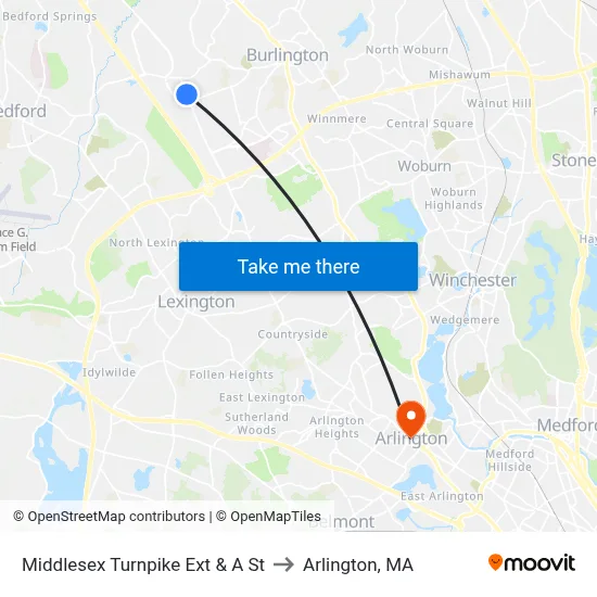 Middlesex Turnpike Ext & A St to Arlington, MA map