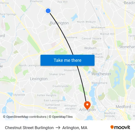 Chestnut Street Burlington to Arlington, MA map