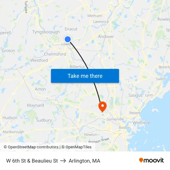 W 6th St & Beaulieu St to Arlington, MA map