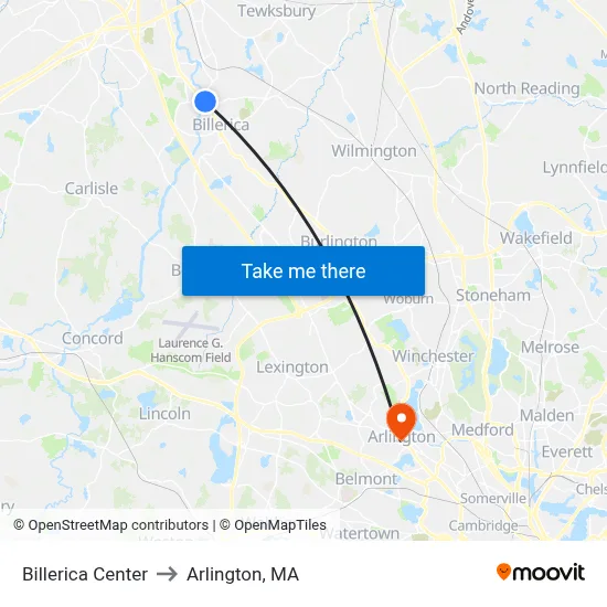 Billerica Center to Arlington, MA map