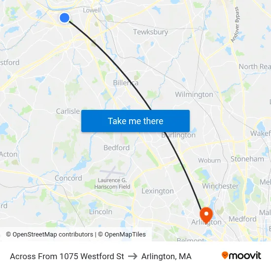 Across From 1075 Westford St to Arlington, MA map