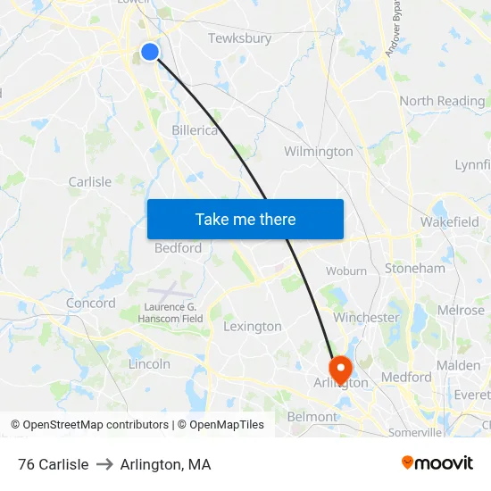 76 Carlisle to Arlington, MA map