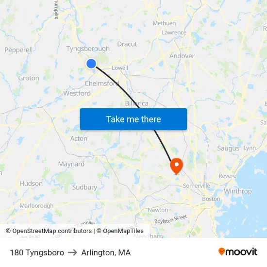 180 Tyngsboro to Arlington, MA map