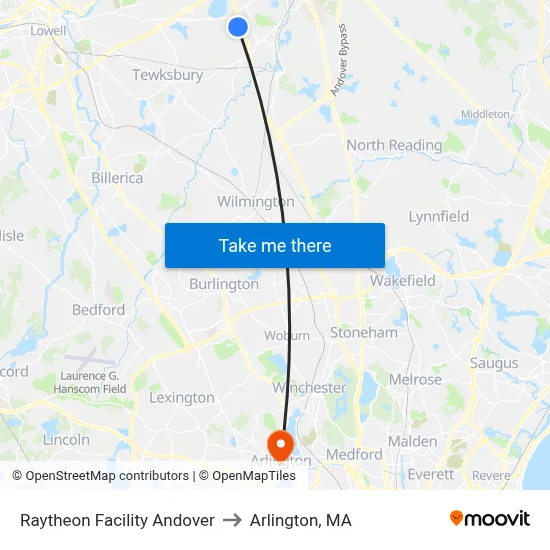 Raytheon Facility Andover to Arlington, MA map