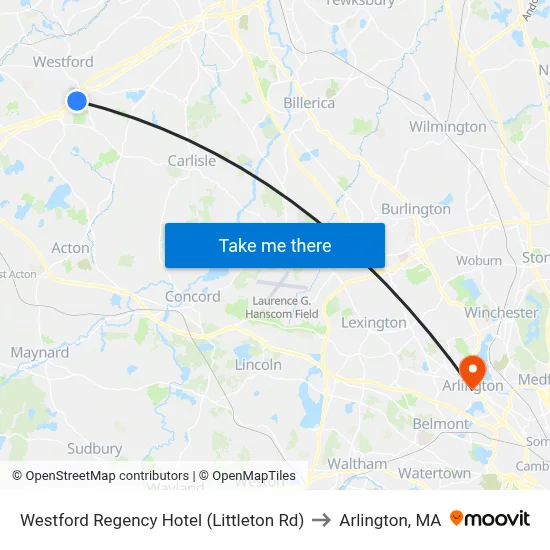 Westford Regency Hotel (Littleton Rd) to Arlington, MA map