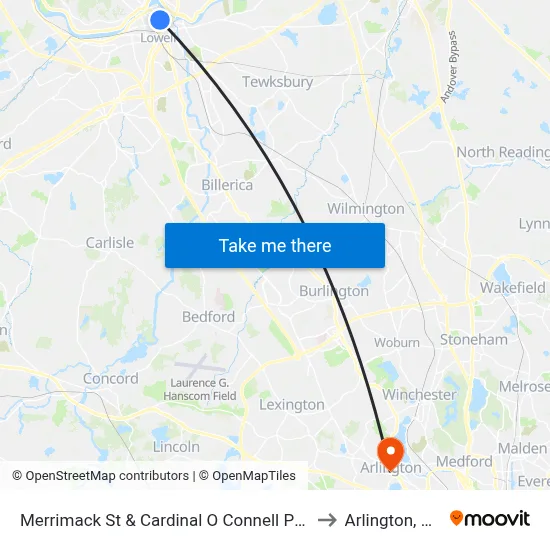 Merrimack St & Cardinal O Connell Pkwy to Arlington, MA map