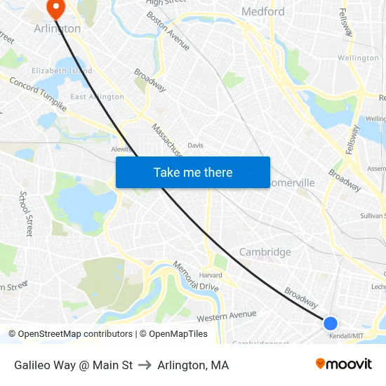 Galileo Way @ Main St to Arlington, MA map