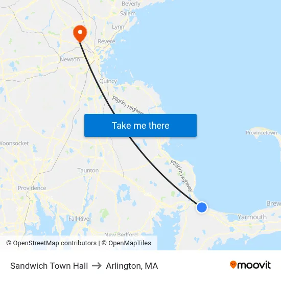 Sandwich Town Hall to Arlington, MA map