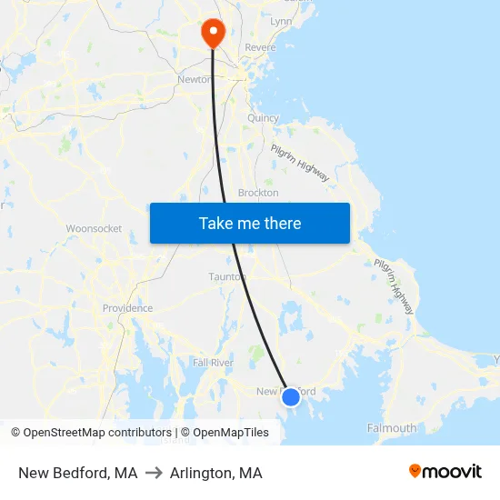 New Bedford, MA to Arlington, MA map