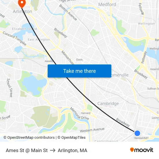 Ames St @ Main St to Arlington, MA map