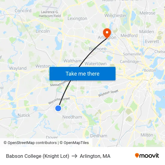 Babson College (Knight Lot) to Arlington, MA map