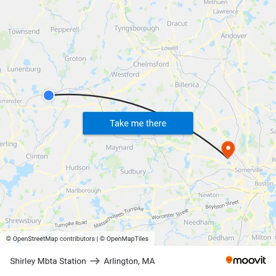Shirley Mbta Station to Arlington, MA map