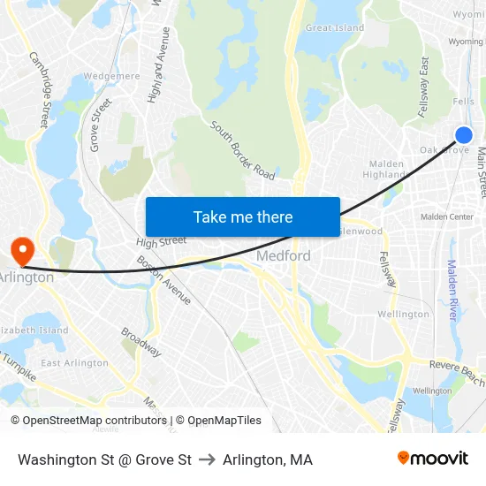 Washington St @ Grove St to Arlington, MA map