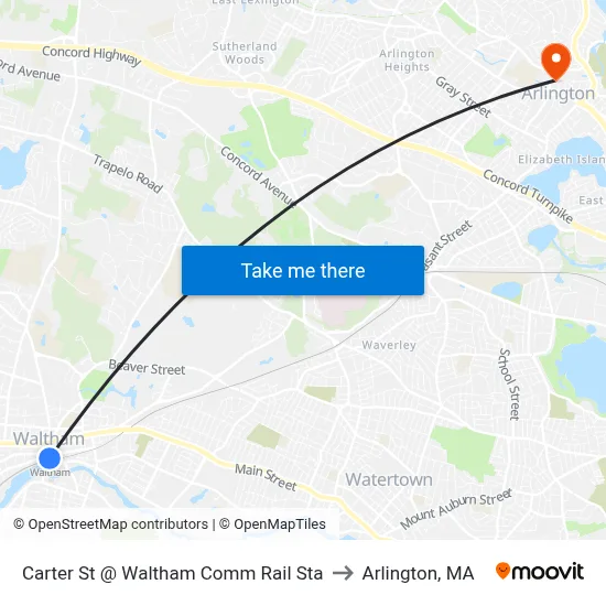Carter St @ Waltham Comm Rail Sta to Arlington, MA map