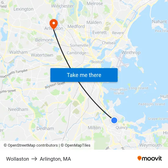 Wollaston to Arlington, MA map