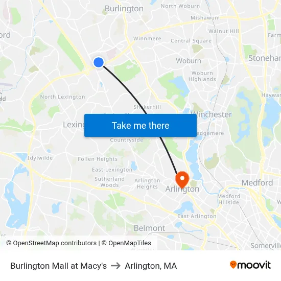 Burlington Mall at Macy's to Arlington, MA map