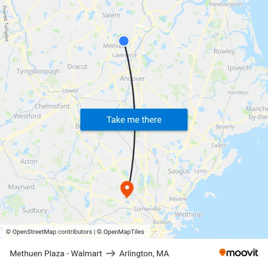 Methuen Plaza - Walmart to Arlington, MA map