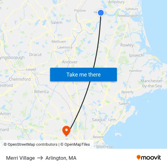 Merri Village to Arlington, MA map