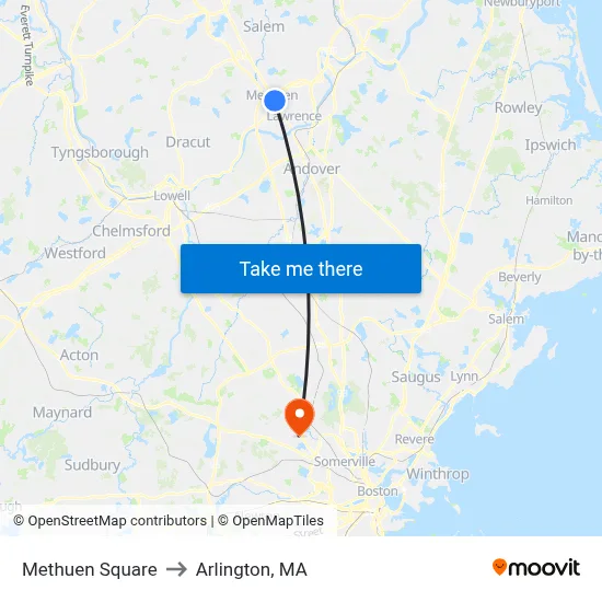 Methuen Square to Arlington, MA map