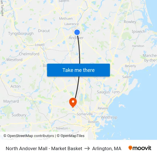 North Andover Mall - Market Basket to Arlington, MA map