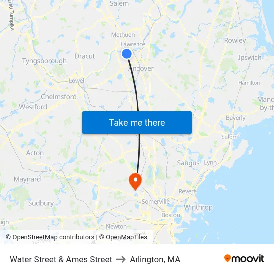 Water Street & Ames Street to Arlington, MA map
