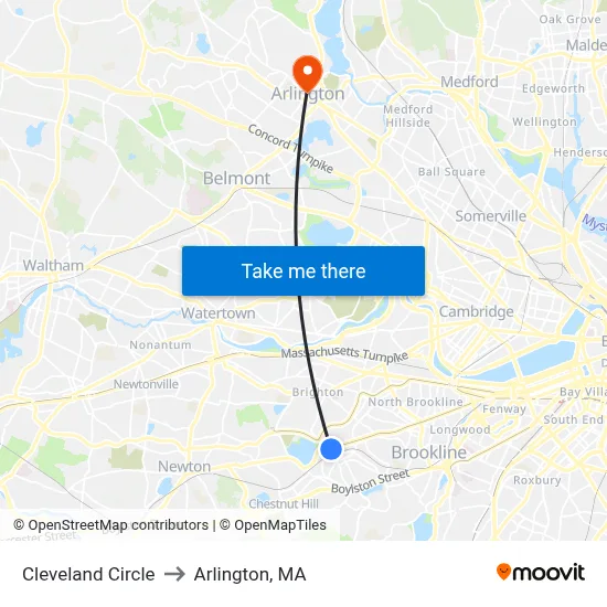 Cleveland Circle to Arlington, MA map
