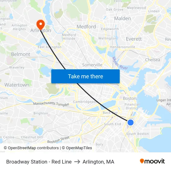 Broadway Station - Red Line to Arlington, MA map