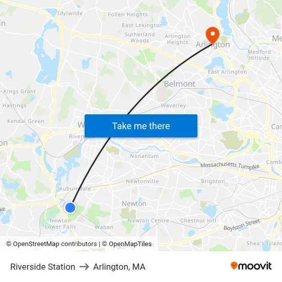 Riverside Station to Arlington, MA map