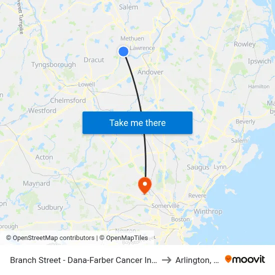 Branch Street - Dana-Farber Cancer Institute to Arlington, MA map