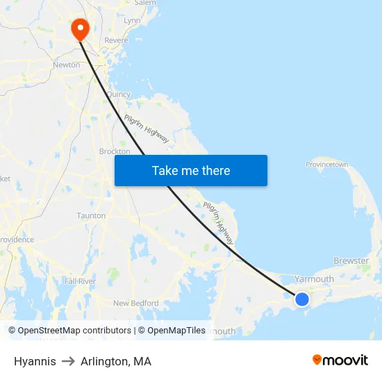 Hyannis to Arlington, MA map