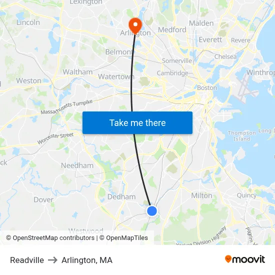 Readville to Arlington, MA map
