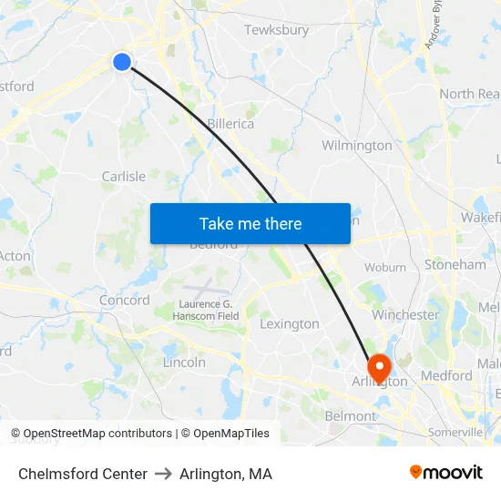 Chelmsford Center to Arlington, MA map