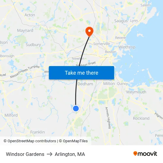 Windsor Gardens to Arlington, MA map