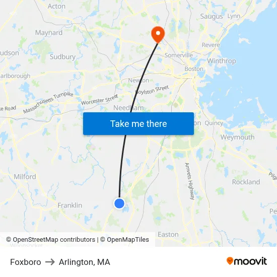 Foxboro to Arlington, MA map
