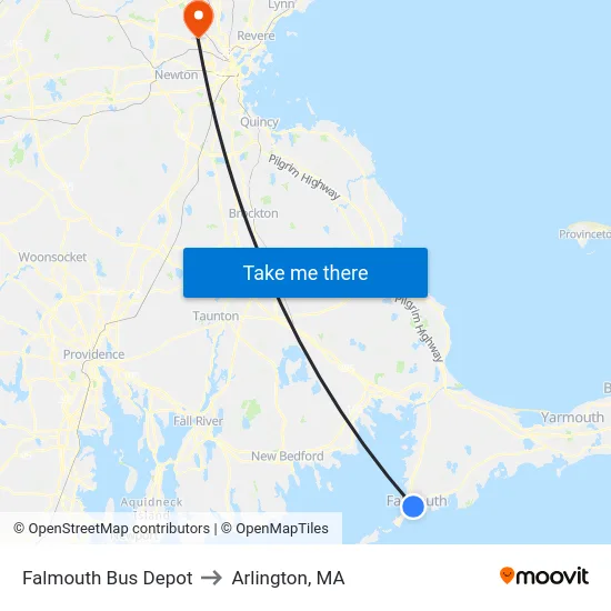 Falmouth Bus Depot to Arlington, MA map